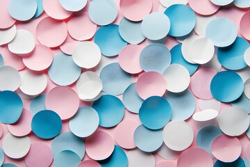 Poster - A background of pink, blue and white pastel coloured round paper cutouts, all over the surface, minimalistic, simple, clean 
