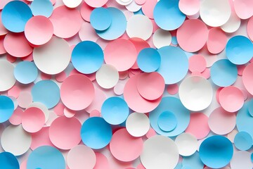 Poster - A background of pink, blue and white pastel coloured round paper cutouts, all over the surface, minimalistic, simple, clean 
