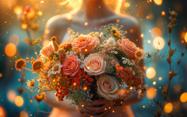 Wall Mural - a woman holding a bouquet with flowers in her hands and glittering lights behind