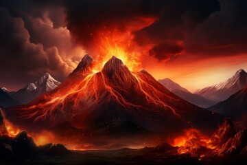 Wall Mural - Dramatic landscape showcasing a powerful volcanic eruption under a fiery sky