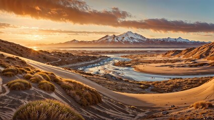 Sticker - Sunset casts a golden glow over mountains, river, rolling sand dunes, and desert plants in a tranquil, untouched setting