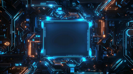 Poster - A computer chip with a blue background. The chip is empty and has no visible contents. The blue background gives the image a futuristic and technological feel