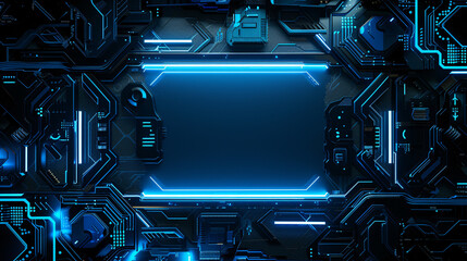 Poster - A computer chip with a blue background. The chip is empty and has no visible contents. The blue background gives the image a futuristic and technological feel