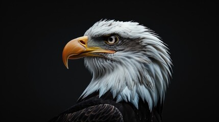 A close-up image of a bald eagle with a black background