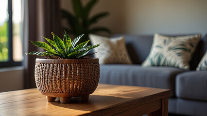 Modern cozy interior of living room with close-up of a houseplant, design sofa, wooden coffee tables, pillows in minimalist stylish home decoration. Blurred background