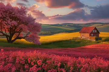 Wall Mural - Solitary house surrounded by a vibrant purple flower field, AI-generated.