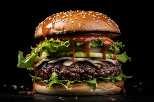 Close-up of a juicy beef burger with fresh toppings and dripping sauce, isolated against a dark backdrop