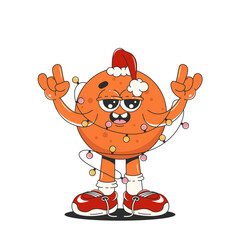 Wall Mural - A tangerine in a Santa Claus hat in trendy groovy style. Isolated vector Illustration. Merry Christmas and Happy New Year celebration.