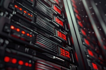 Poster - Row of rack-mounted servers in a data center, with rows of blinking lights and cables