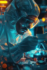 Poster - a scientist in a lab coat looks at a microscope, potentially analyzing a sample or conducting an exp