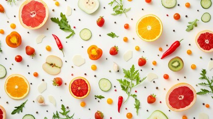 Wall Mural - fresh fruits and vegetables on a white background, food background, copy space, place for text