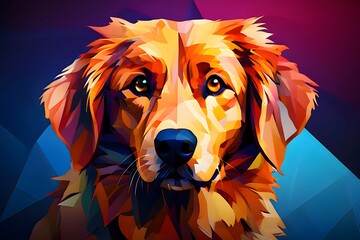 Wall Mural - Abstract vibrant, geometric, triangular and colorful illustration of a brown purebred dog face looking at camera. Front view of dog head and face. Abstract colorful geometric, triangular dog portrait