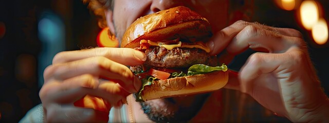 Poster - close-up of a man eating a burger. Selective focus