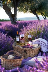 Wall Mural - wine picnic in a field of lavender. Selective focus