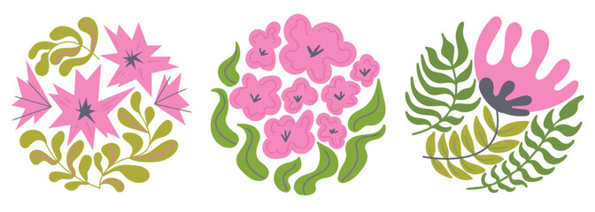 Wall Mural - set of groovy organic floral shape. bloom pink flower in trendy naive retro hippie 60s 70s style. fl
