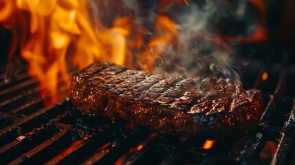 Wall Mural - Savor the sizzle with this image of a juicy grilled meat steak cooking on a flaming stainless grill, set against a dark background