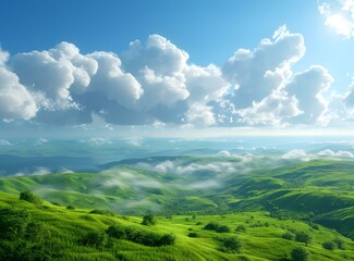 Wall Mural - Green rolling hills under blue sky and white clouds