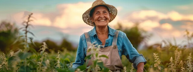 Wall Mural - elderly woman on the background of the field. Selective focus