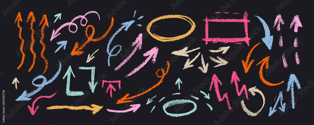 Group of chalked arrows and frames. Hand drawn black charcoal symbols ...