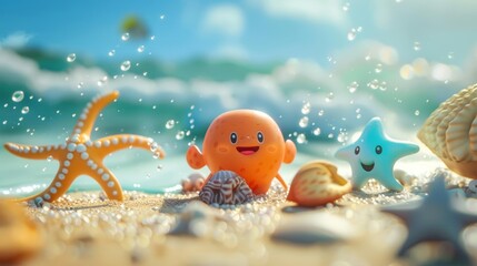 Wall Mural - Cute beach scene with cartoon sea creatures, Fujifilm XT3, soft focus, 55mm lens, f29, Cinematic 32k, nice background stock photo style.