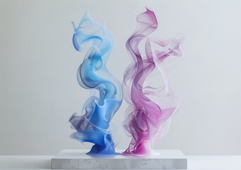 Poster - Two sculptures made of colored smoke in blue and pink colors, standing on a white marble plinth. One sculpture is straight with a long exposure, the other sculpture has been twisted into an S-shape, c
