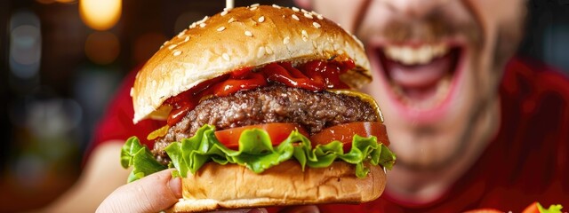 Wall Mural - close-up of a man eating a burger. Selective focus