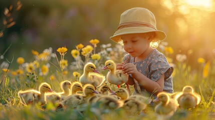 Wall Mural - a small child plays with ducklings. Selective focus