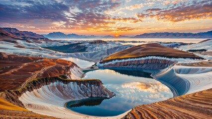 Wall Mural - A beautiful sunset casts colorful hues over layered hills and a tranquil lake in a mountainous landscape