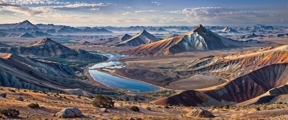 Poster - A meandering river flows through a picturesque valley surrounded by rugged, colorful mountains during a serene sunset