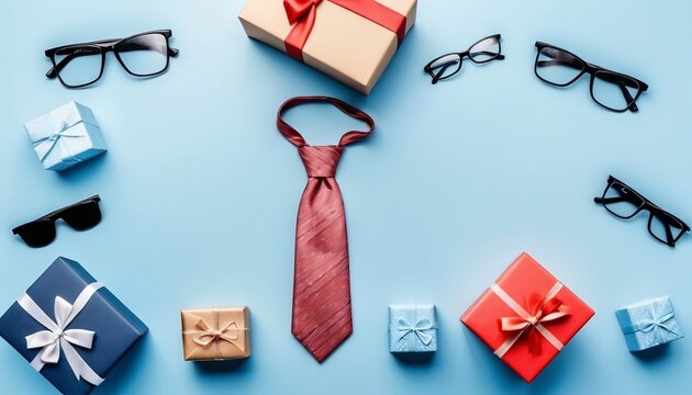 Happy Father's Day card with product display cylindrical shape and gift box for dad on blue background ,digital illustration created with generative ai.	