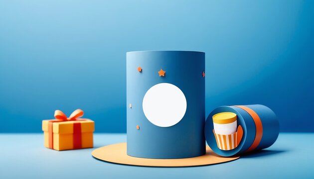 Happy Father's Day card with product display cylindrical shape and gift box for dad on blue background ,digital illustration created with generative ai.	