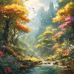 Wall Mural - AI-generated illustration of A stunning oil painting of two animals in a forest next to a river