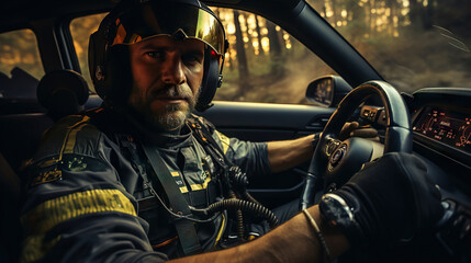 A soldier in tactical gear driving a vehicle, visible from the chest up, focused on the road ahead