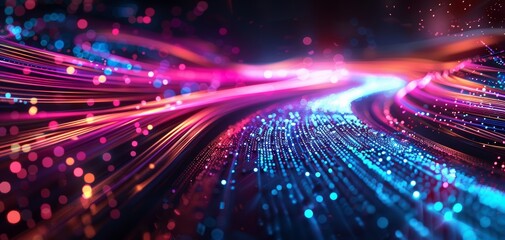 Poster - eye-level angle, abstract patterns of neon light intertwining, giving a sense of futuristic energy, 