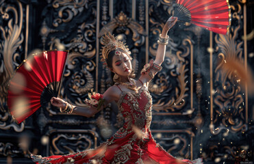 Wall Mural -  an Indonesian dancer in traditional attire, performing the energetic K sequence from Ramayana with grace and energy at the Palace gate.