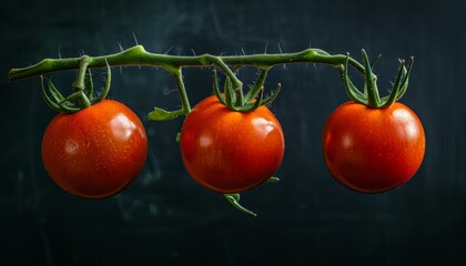 Organic home grown ripe tomatoes on green vine in greenhouse for autumn vegetable harvest