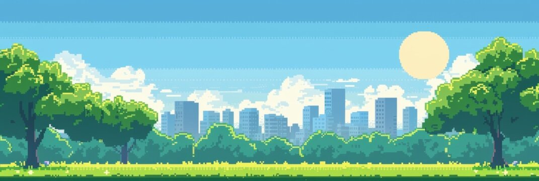 8-bit pixel art city skyline with trees and clouds