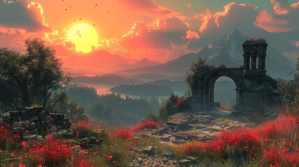 Wall Mural - Sunset harbinger atop the ruins of the whispering highlands background, ai generated