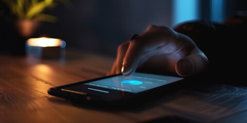 Poster - Hand touching smartphone screen in dark, glowing interface.