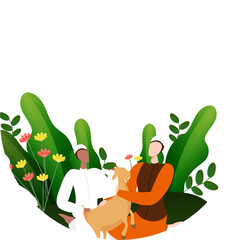 Poster - Eid Al Adha Mubarak Day Greeting Card with Cartoon faceless Muslim Men Holding Goat at Floral Landscape in paper cut png.