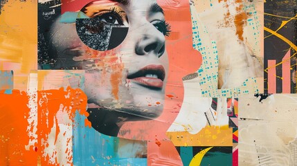 Poster - Surreal digital art collage featuring a fragmented face with vibrant, abstract elements and textures in bold colors and mixed media.