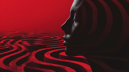 3D rendering of a woman's face and neck. The face is in profile and the woman is looking down. The background is red and the foreground is black.