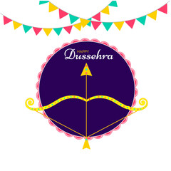 Poster - Golden Bow-Arrow on png background decorated with colorful party flag for Dussehra festival celebration concept.