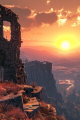 Wall Mural - Sunset harbinger atop the ruins of the whispering highlands background, ai generated