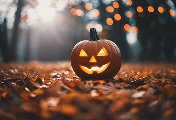 Wall Mural - halloween pumpkin with glowing face in a forest at night for halloween