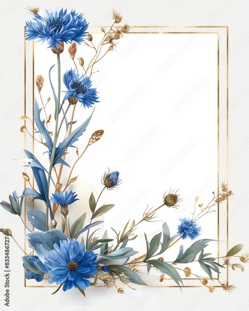 Elegant floral frame with blue flowers and golden accents, perfect for ...