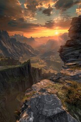 Wall Mural - Sunset harbinger atop the ruins of the whispering highlands background, ai generated