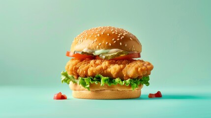 Delicious fish sandwich with a crunchy exterior and tender inside, set against a seafoam green backdrop. Ideal for illustrating fast food and seafood dishes