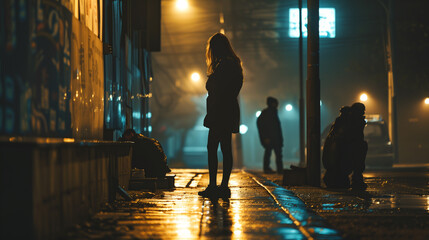 Woman walking on the street at night.