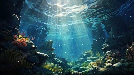 Wall Mural - An underwater landscape filled with vibrant coral reefs, sea life, and light beams piercing through the water